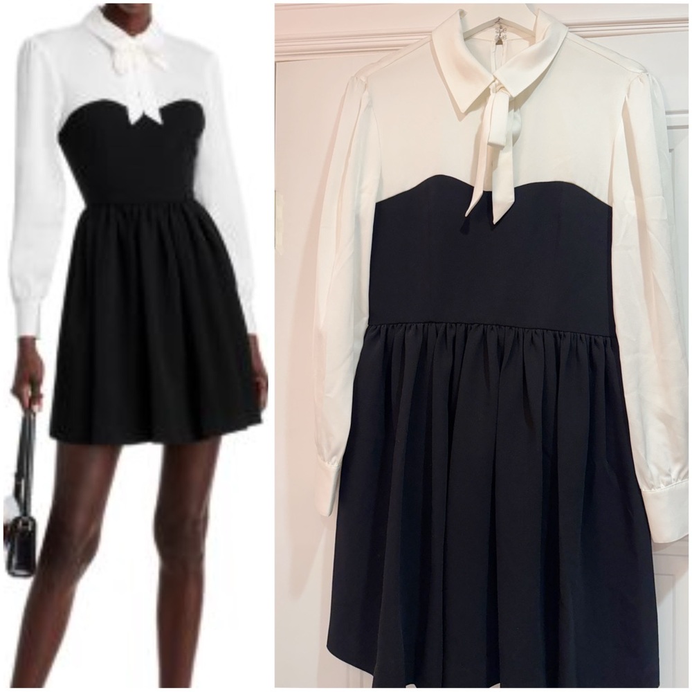 NWT CINQ A SEPT NASKA DRESS BLACK WHITE LONGSLEEVE W BOW SIZE 6 $495